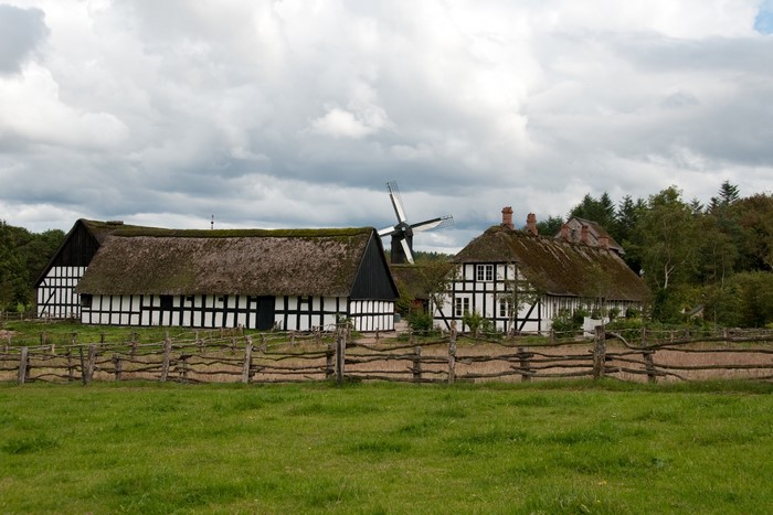 Traditional Danish houses and windmill at Frilandsmuseet