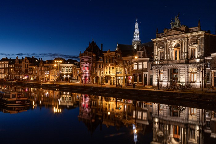 Haarlem Waterfront at Night with Reflections