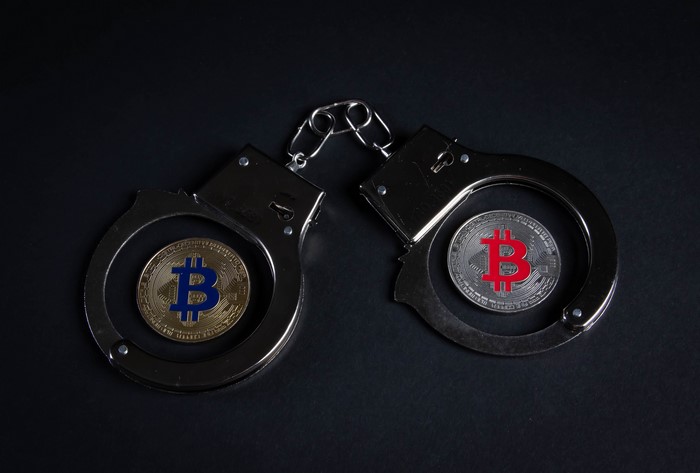 Handcuffs with Bitcoin coins