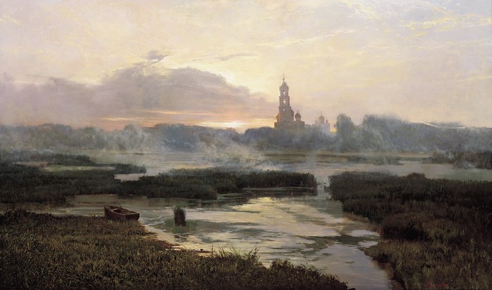 Sunrise over a misty lake with a church and boat