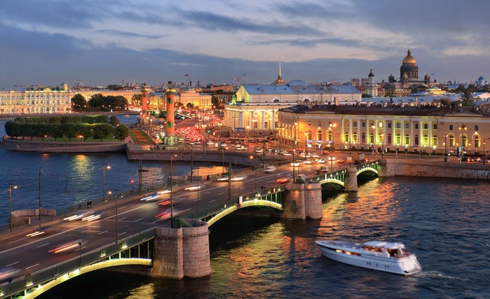 Exchange Bridge, St. Petersburg, Russia at Dusk