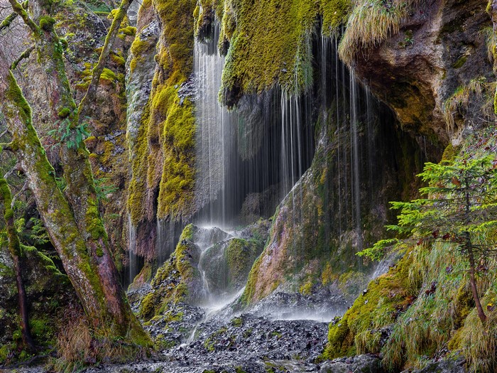 Moss-covered rocks with a waterfall in the Ammergau Alps
