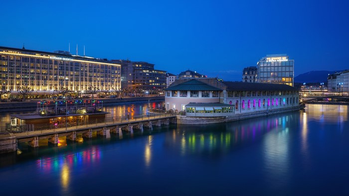 Geneva, Switzerland at Dusk with River and Buildings