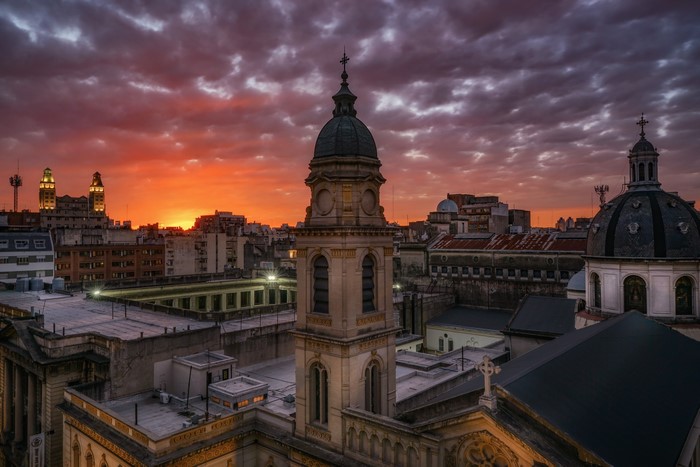 Buenos Aires cityscape at sunset with church towers