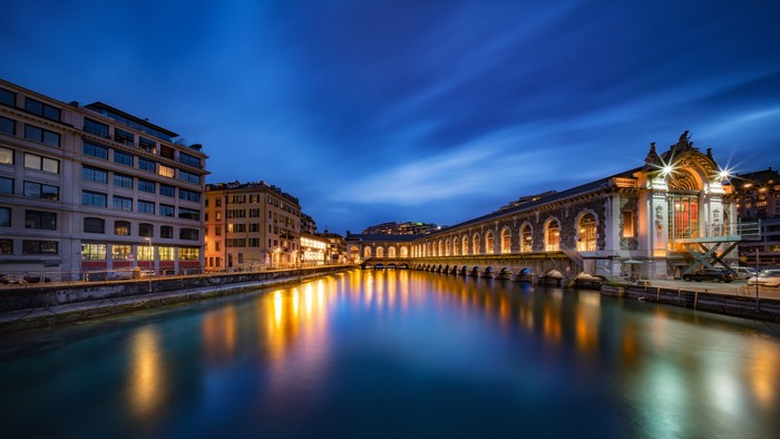 Geneva, Switzerland at Dusk with River and Buildings