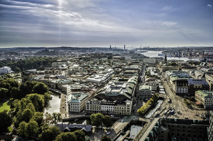 Aerial view of Gothenburg, Sweden with canals and bridges