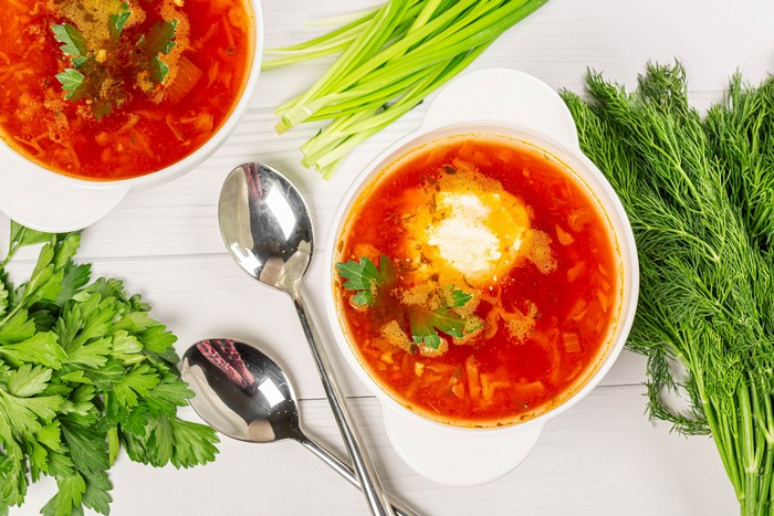 Borscht with Dill, Scallion, and Sour Cream
