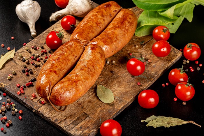 Sausages with Tomatoes, Garlic, and Spices on a Cutting Board