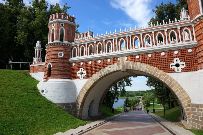 Tsaritsyno Park Bridge and Tower in Moscow, Russia