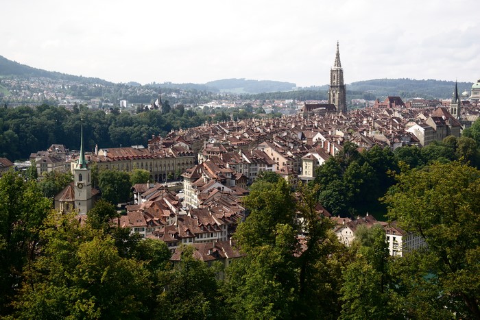 Bern, Switzerland cityscape with churches and trees
