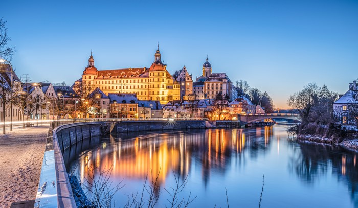 Neuburg Castle and Riverfront in Bavaria, Germany