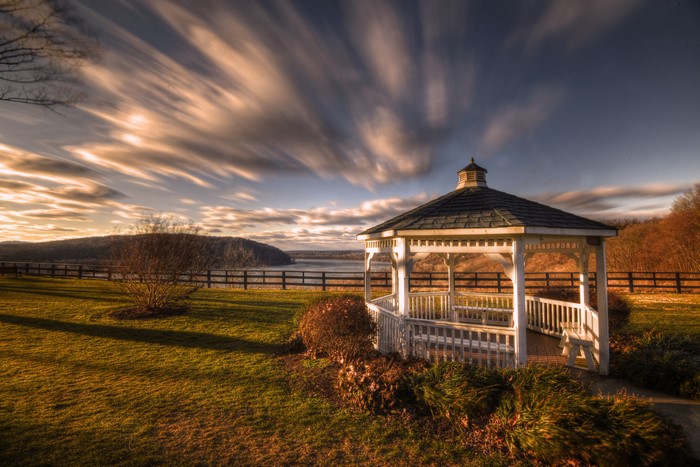 Gazebo overlooking a lake in Klinesville, Pennsylvania