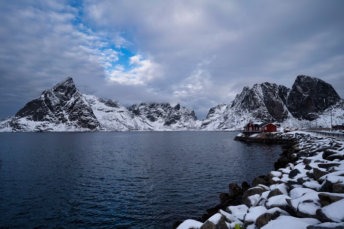 Snowy Lofoten Mountains and Coast in Norway