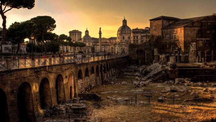 Roman Forum at sunset with ancient ruins and buildings