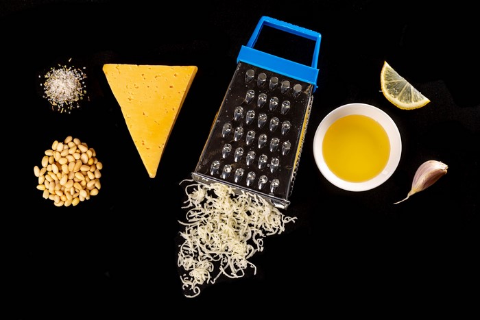 Cheese, Grater, Pine Nuts, Garlic, Lemon, Oil, Salt