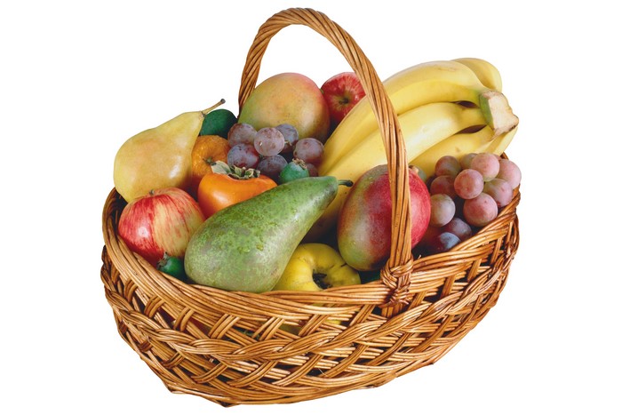 Fruit basket with apples, bananas, pears, grapes, and persimmon