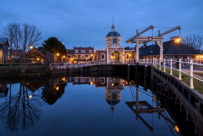 Leiden Netherlands Canal Gate and Drawbridge at Dusk