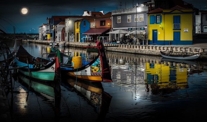 Aveiro Portugal Canal Houses and Boats at Night