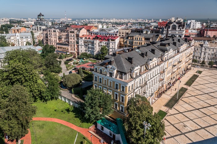 Aerial view of Kiev, Ukraine cityscape with buildings and greenery