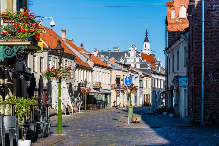 Street in Kaunas, Lithuania with historic houses