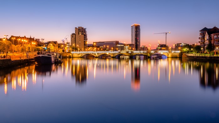 Belfast skyline with River Lagan at dusk