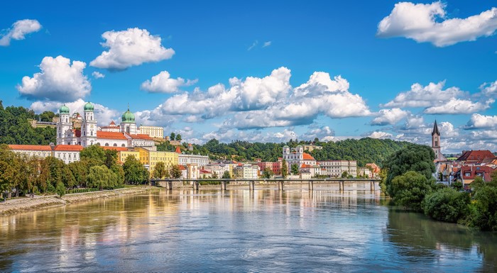 Passau, Germany cityscape with river and bridge