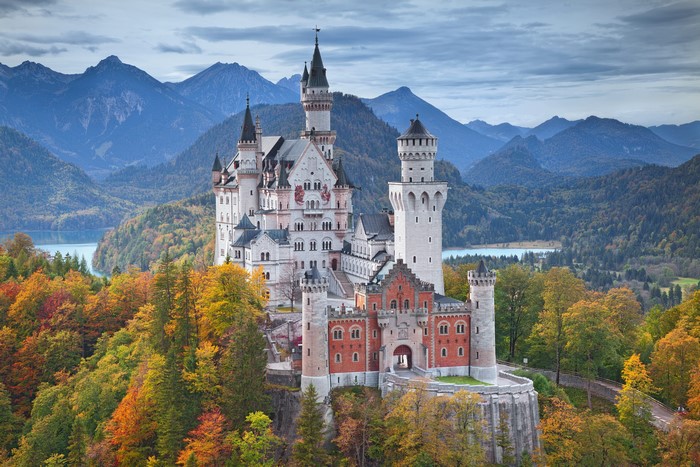 Neuschwanstein Castle in Autumn Mountains 4K
