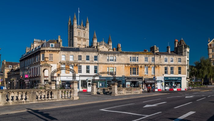 Bath Abbey and buildings on Terrace Walk, England