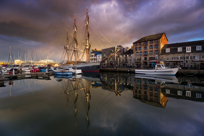 Tall Ship and Boats in Plymouth Marina, England