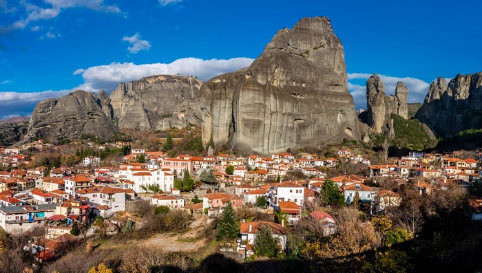 Kastraki village at Meteora, Greece with rock formations
