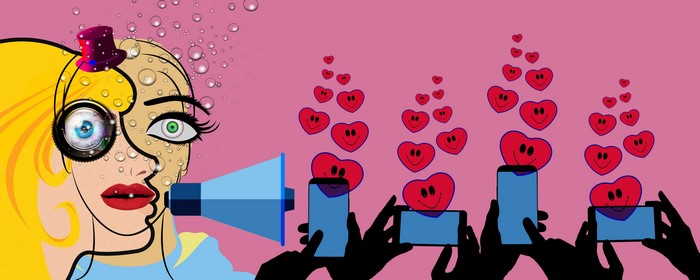 Woman with camera lens eye and megaphone broadcasting hearts to smartphones