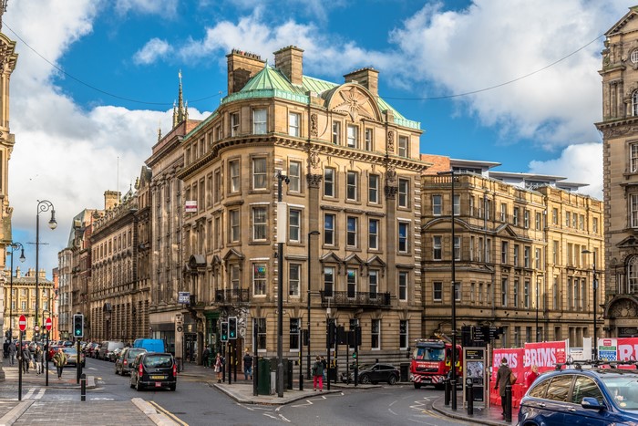 Newcastle England Street Scene with Buildings and People
