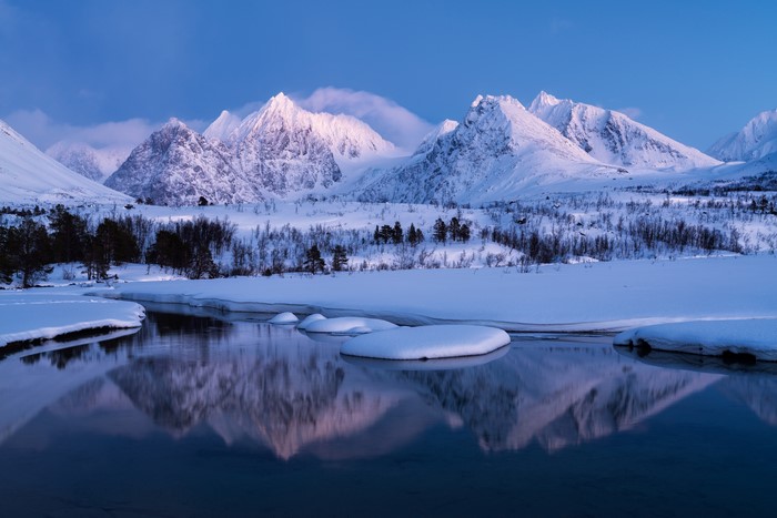 Snowy Mountains and River in Norway