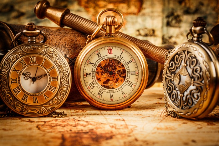 Three pocket watches on a map