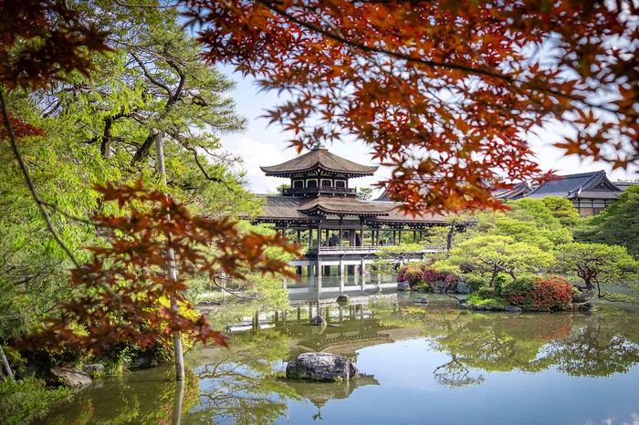 Taihei-kaku pavilion reflected in a pond in Kyoto, Japan