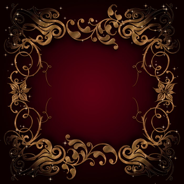 Ornate golden floral frame on a dark red background