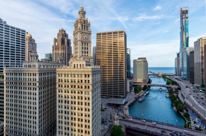 Chicago City Skyline with River and Lake Michigan