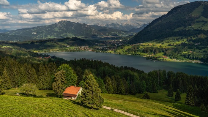 4K Germany Mountains Lake Forests Village Spruce