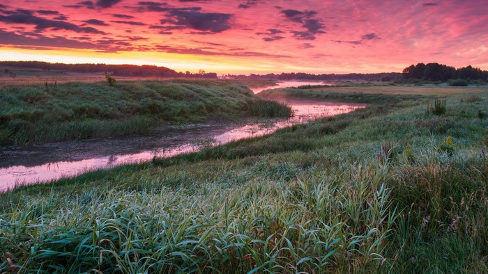 Sunrise over a misty river and grassy fields