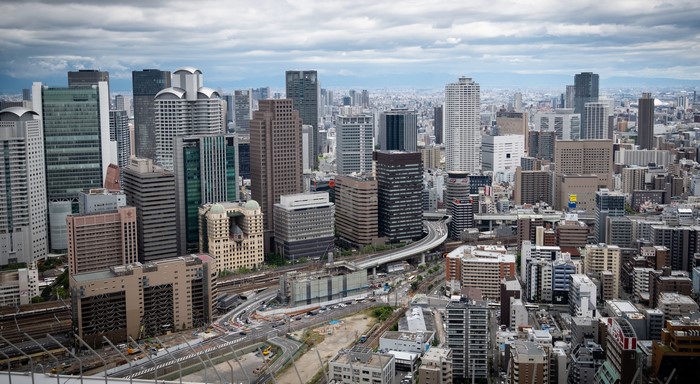 Osaka, Japan Cityscape with Skyscrapers
