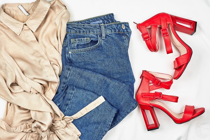 Silk Shirt, Jeans, and Red Heels