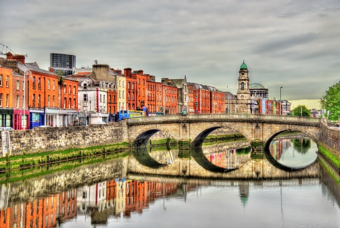 Dublin, Ireland Liffey River Bridge and Buildings