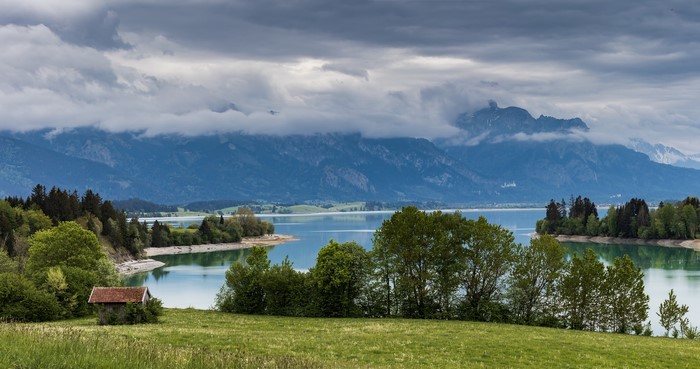 Forggensee lake with mountains and trees in Bavaria, Germany