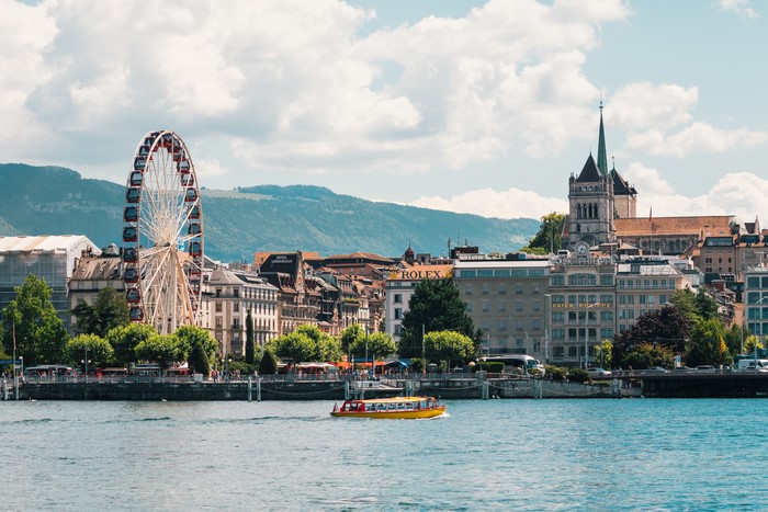 Geneva Lakefront with Ferris Wheel and Boat