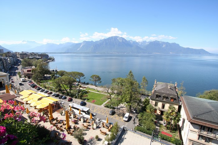 Montreux, Lake Geneva, Mountains, and Lakeside Cafe