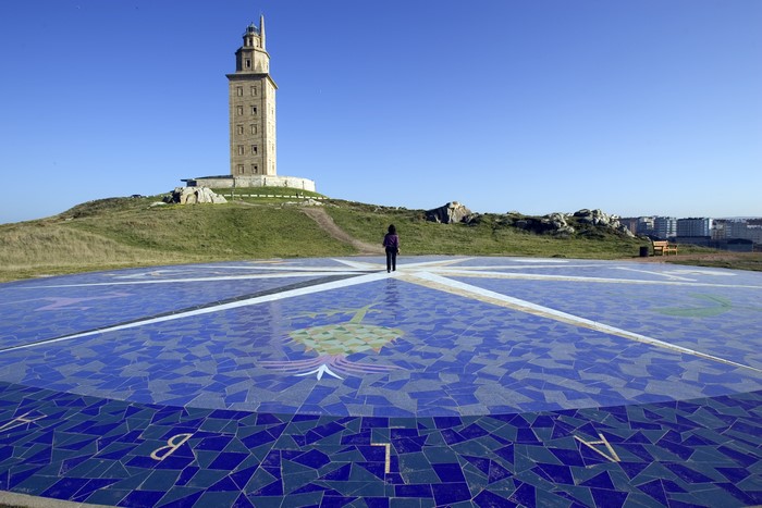 Tower of Hercules Lighthouse and mosaic compass rose