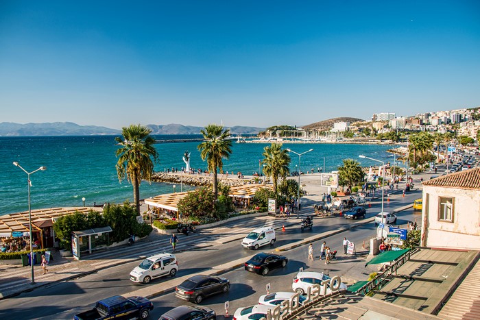Kusadasi, Turkey Waterfront with Palm Trees and Sea