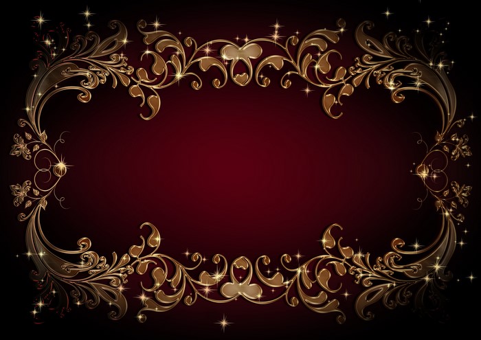 Ornate golden floral frame on a dark red background