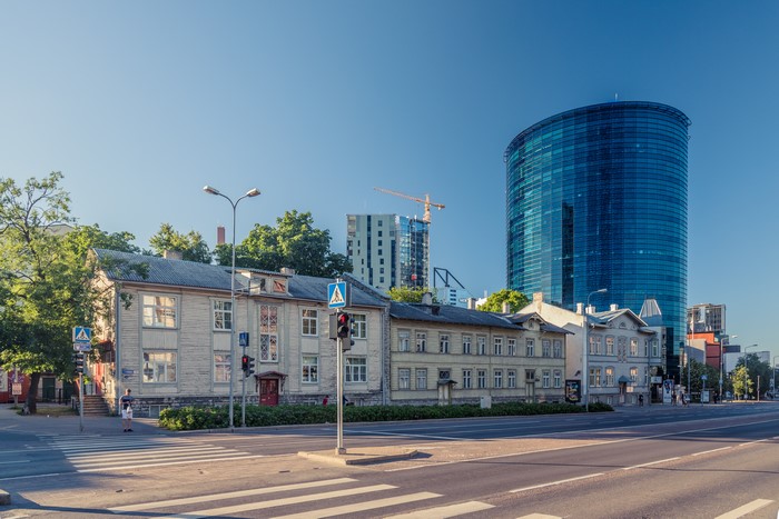 Houses and modern skyscraper in Tallinn, Estonia