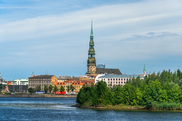 St. Peter's Church and Riga skyline over Daugava River